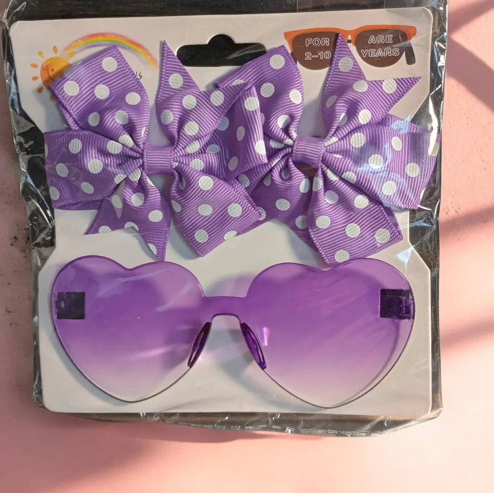 Polka Dot Hair Bow Set with Purple Heart Sunglasses NWT